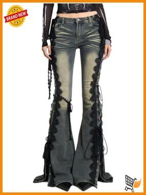 Y2K Punk Dragon Print Flare Jeans Low Rise with PU Belt